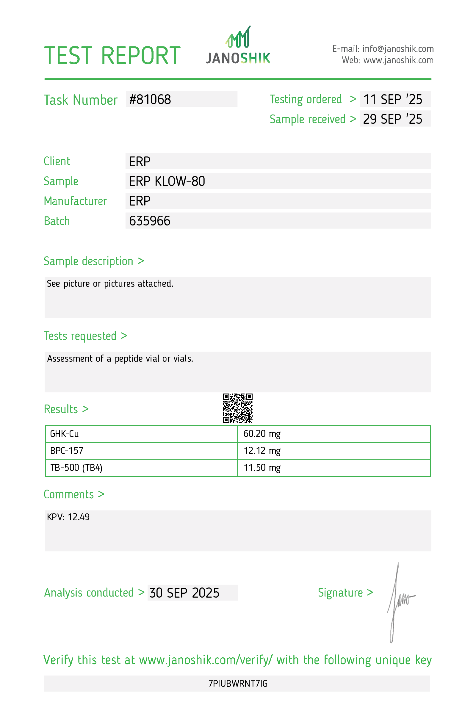 Published KLOW certificate of analysis from the ERP testing library